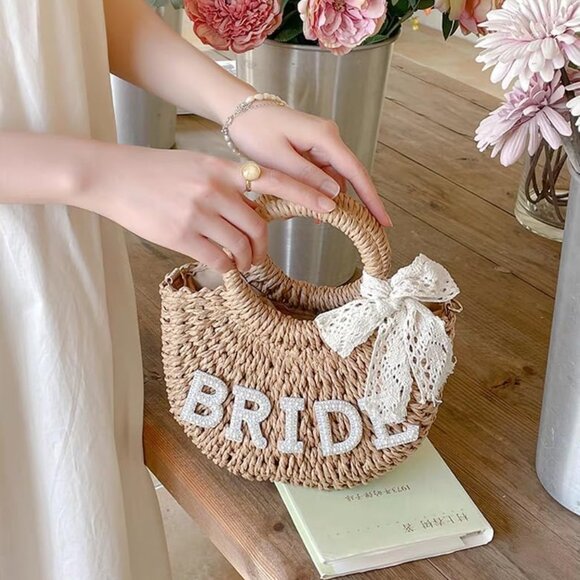 Women's Khaki Straw Wedding Bridal Mini Drawstring Crossbody Bag For Beach Holid - Picture 6 of 9